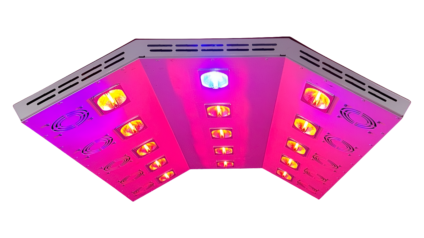 Overhead infrared equine solarium unit in barn aisle.
